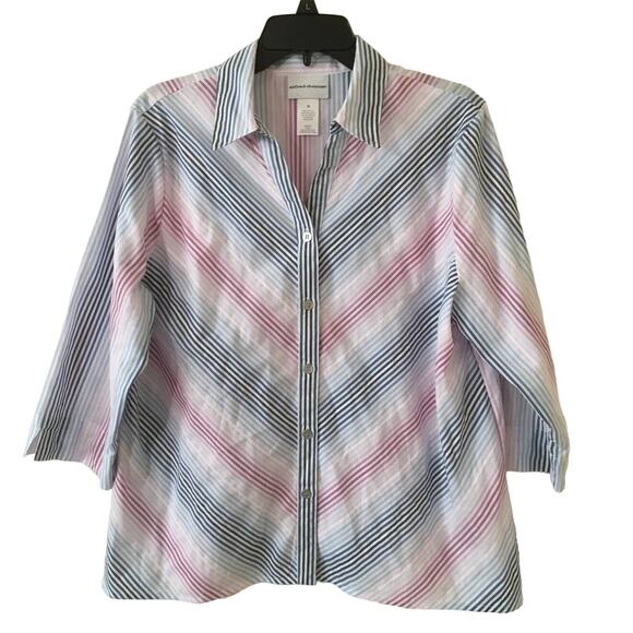 Alfred Dunner Medium 3/4 Sleeve Button Up Chevron Striped Blouse Pinks & Blues - Picture 1 of 6